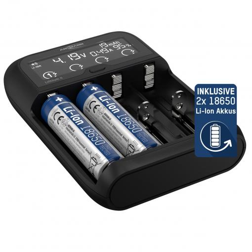 Ansmann Lithium 4 Universalladegerät mit 2x 18650 Akkuzellen (2600mAh) Nabíječka Li-Ion, LiFePO4, NiMH 18500, 18650, 14500, 16340, 17670, 22650, 26650
