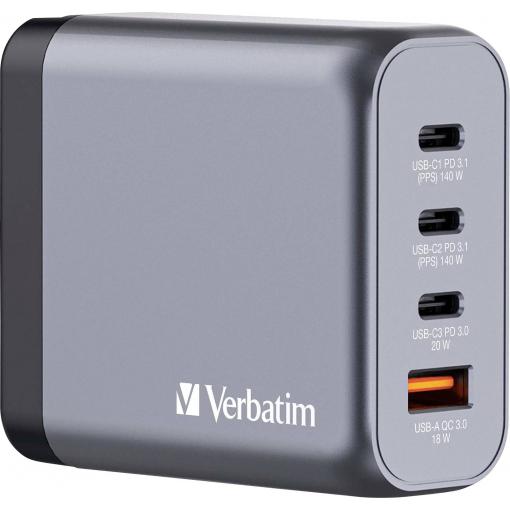 Verbatim GNC-140 GaN cestovní nabíječka, GaN, s adaptérem pro Evropu, s britským adaptérem, s americkým adaptérem, 1x USB A , 3x USB-C®, 140 W, Dodávka