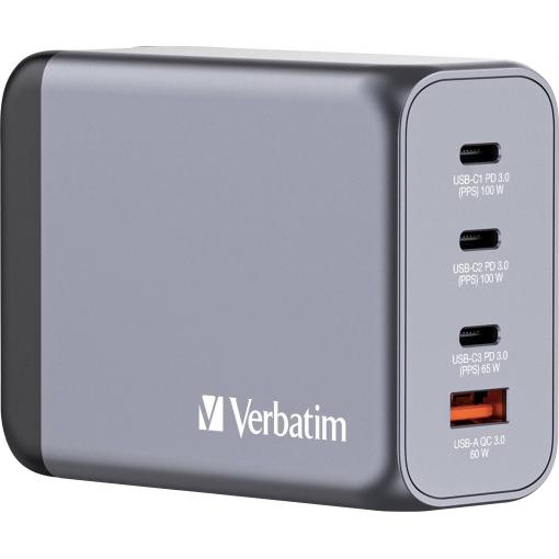 Verbatim GNC-200 GaN cestovní nabíječka, GaN, s adaptérem pro Evropu, s britským adaptérem, s americkým adaptérem, 1x USB A , 3x USB-C®, 200 W, Dodávka