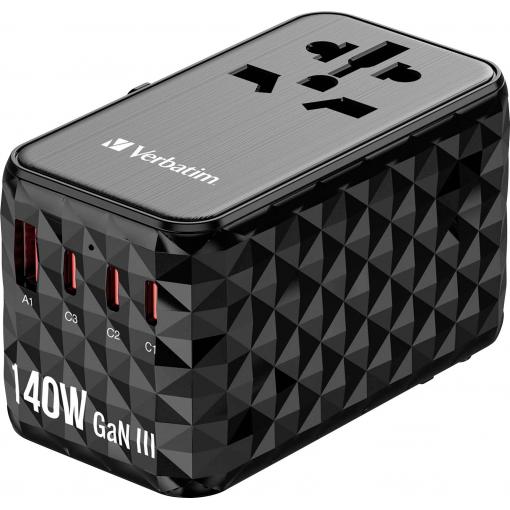 Verbatim UTA-10 GaN III cestovní nabíječka, GaN, s adaptérem pro Evropu, s britským adaptérem, s americkým adaptérem, 1x USB A , 3x USB-C®, 140 W, Dodávka