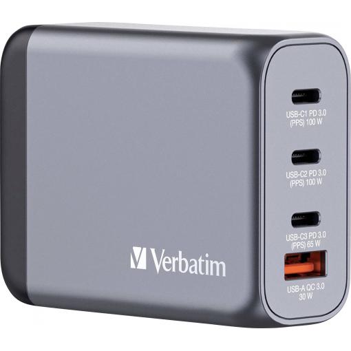 Verbatim GNC-100 cestovní nabíječka, GaN, s adaptérem pro Evropu, s britským adaptérem, s americkým adaptérem, 1x USB A , 3x USB-C®, 100 W, Dodávka energie,