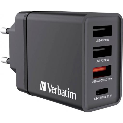 Verbatim CHR-30EU1 USB nabíječka, 3x USB A, 1x USB-C®, 30 W, Dodávka energie, QC 3.0, Power Delivery 3.0, černá