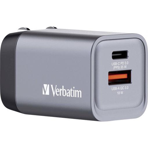 Verbatim GNC-35 GaN cestovní nabíječka, GaN, s adaptérem pro Evropu, s britským adaptérem, s americkým adaptérem, 1x USB A , 1x USB-C®, 35 W, Dodávka energie,