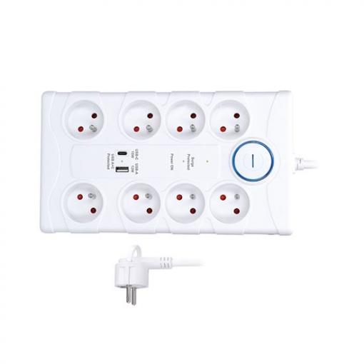 Přepěťová ochrana Solight, 8zás. USB A+C, 2m, bílá, 370J  PO80