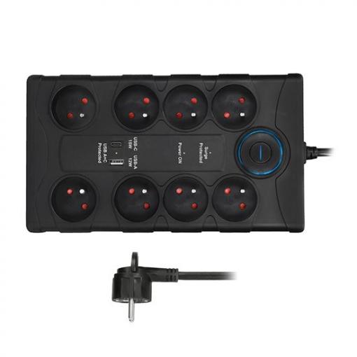 Přepěťová ochrana Solight, 8zás. USB A+C, 2m, černá, 370J  PO80