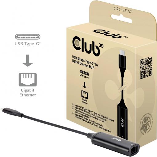 club3D CAC-2530 USB-C® adaptér [1x USB-C® 5 Gb/s - 1x RJ45 zásuvka] černá Slimline, 24.5 cm