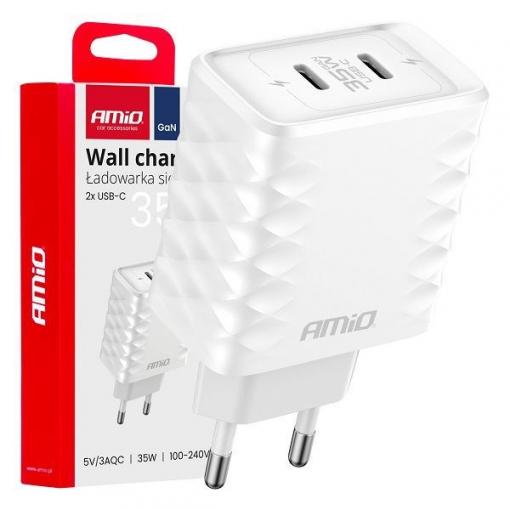Napájecí adaptér AMIO 2× USB-C, 35 W, 100–240 V