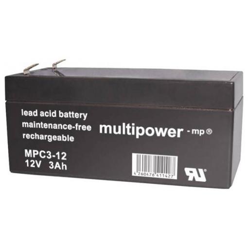 multipower MPC3-12 117718 olověný akumulátor 12 V 3 Ah olověný se skelným rounem (š x v x h) 67 x 66 x 134 mm plochý konektor 6,35 mm odolné proti více cyklům,