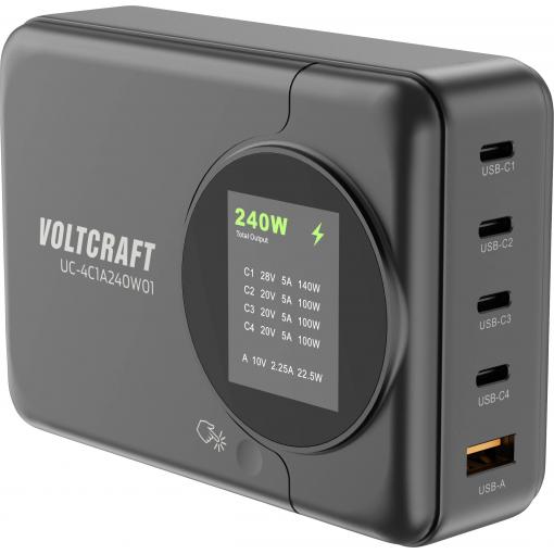 VOLTCRAFT UC-4C1A240W01 USB nabíječka, GaN, USB Power Delivery (USB-PD) , Rychlonabíječka, 4x USB-C®, 1x USB A , 240 W, Power Delivery 3.0, černá