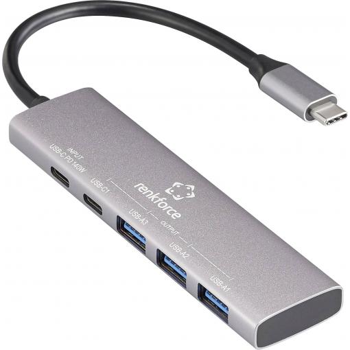 Renkforce RF-6676604 USB Hub 3 + 1 port USB-A, USB-C® USB 3.2 Gen1 5 GBit/s s hliníkovým krytem, Nabíjecí přípojka USB-C® PD šedá RF-USBH-300