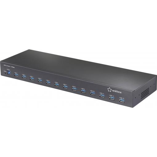 Renkforce RF-6677282 USB Hub 13 portů USB-A USB 3.2 Gen2 10 GBit/s pro průmyslové použití, možnost montáže do stojanu, kovový ukazatel černá 483 mm (19) Rack