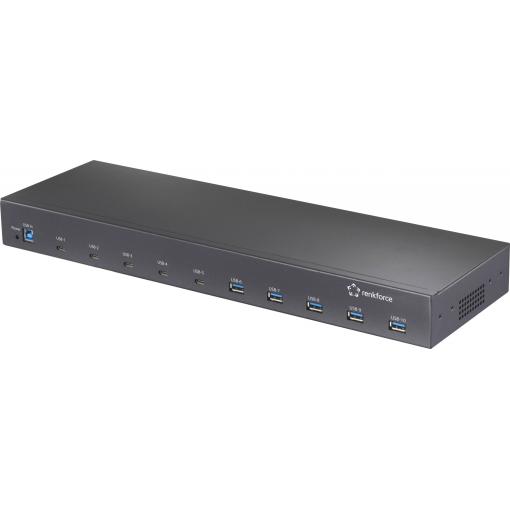 Renkforce RF-6627278 USB Hub 10 portů USB-A USB 3.2 Gen2 10 GBit/s pro průmyslové použití, možnost montáže do stojanu, kovový ukazatel černá 483 mm (19) Rack