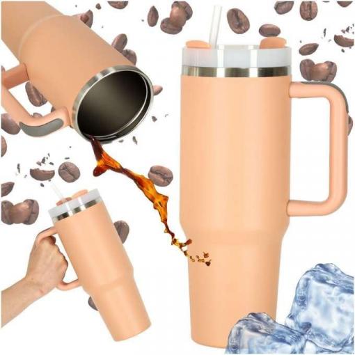 Termohrnek s brčkem 1200 ml, růžový, nerezová ocel