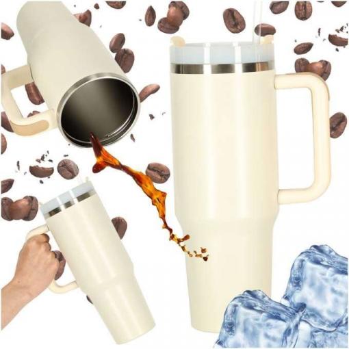 Termohrnek s brčkem 1200 ml, krémový, nerezová ocel