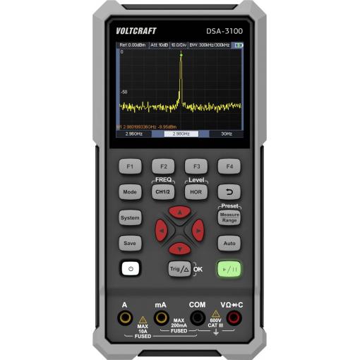 VOLTCRAFT DSA-3100 Ruční osciloskop 100 MHz, 2kanálový, 500 MSa/s, 8 kpts, 8 Bit, ruční provedení, funkce multimetru, spektrální analyzátor, 1 ks, VC-16968915