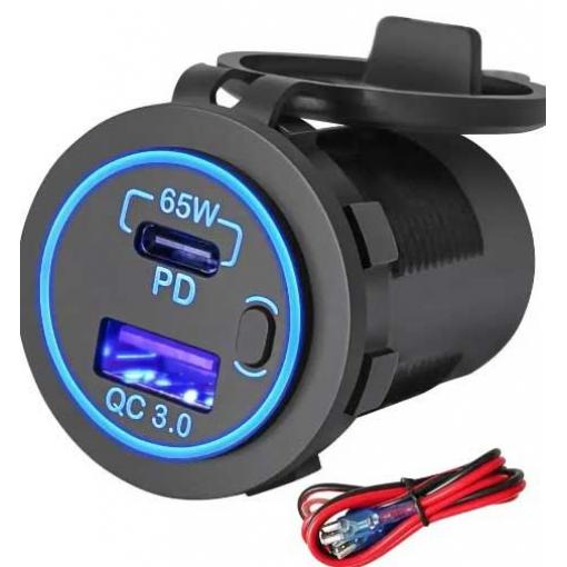 Napájecí zdířka 12-24V/65W USB-A QC + USB-C PD kulatá