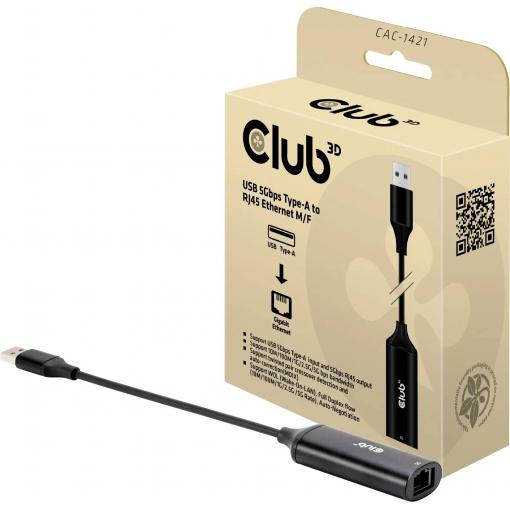 club3D CAC-1421 USB 3.0 / RJ45 adaptér [1x USB-A konektor - 1x RJ45 zásuvka] černá 12 cm
