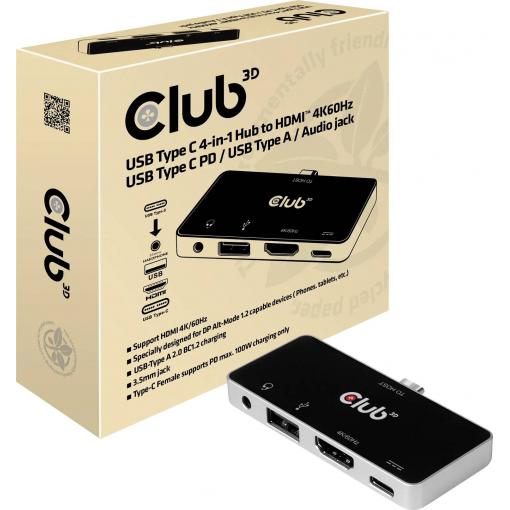 club3D CSV-1591 HDMI / USB-C® / USB 2.0 / jack adaptér [1x USB-C® zástrčka - 4x HDMI zásuvka, USB-C® zásuvka (nabíjení), USB 2.0 zásuvka A, 3.5 mm zásuvka]