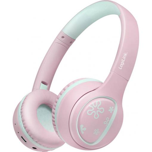 LogiLink BT0073P Headset otevřená (On Ear) Bluetooth®, kabelová růžová, světle modrá složitelná, omezení hlasitosti