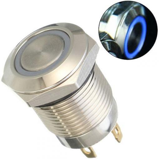Stiskací vypínač OFF-ON 12 mm, 250 V / 2 A, modré LED prosvětlení 12 V