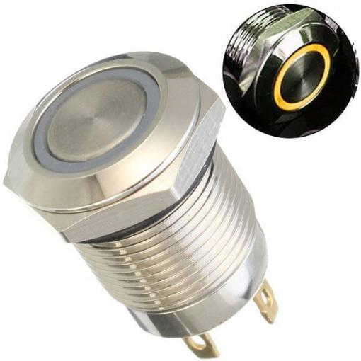 Stiskací vypínač OFF-ON 12 mm, 250 V / 2 A, žluté LED prosvětlení 12 V