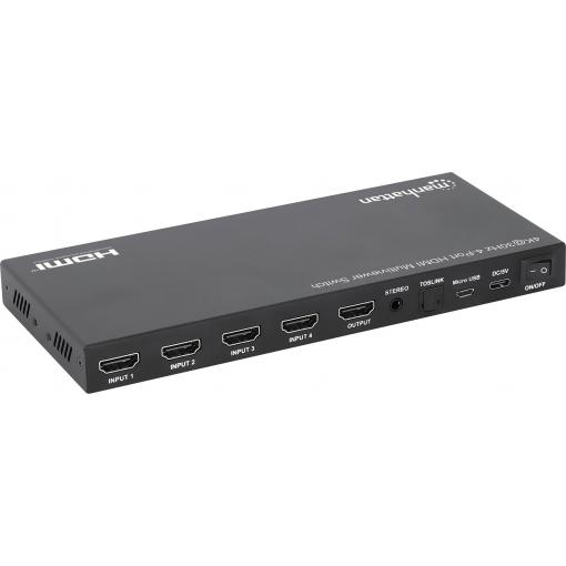 Manhattan HDMI přepínač kovový ukazatel, s dálkovým ovládáním, režim více pohledů, možnost montáže do stojanu, UHD, Nabíjecí přípojka USB-C® PD 3840 x 2160
