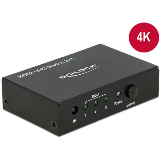 Delock 18683 HDMI přepínač možnost 3D přehrávání, LED ukazatel, s dálkovým ovládáním, kovový ukazatel, UHD 3840 x 2160 Pixel