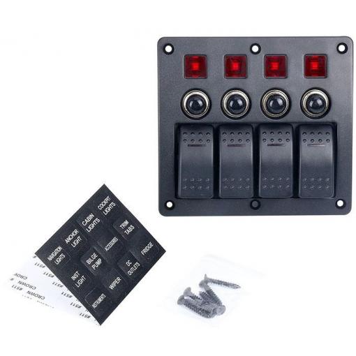 Ovládací panel PN-CB4, 4× vypínač + jistič, 12 V / 24 V