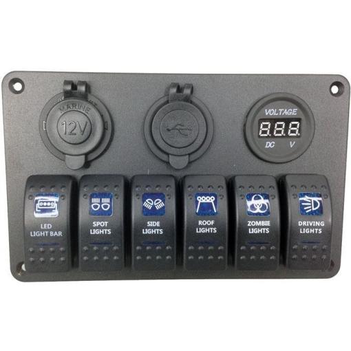 Ovládací panel PN-L6S3, 6 vypínačů, USB, V-metr, 12/24 V