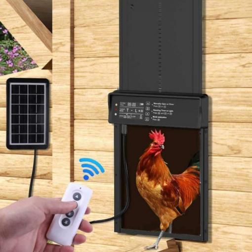 Automatické dveře kurníku s časovačem a solárním panelem, černé