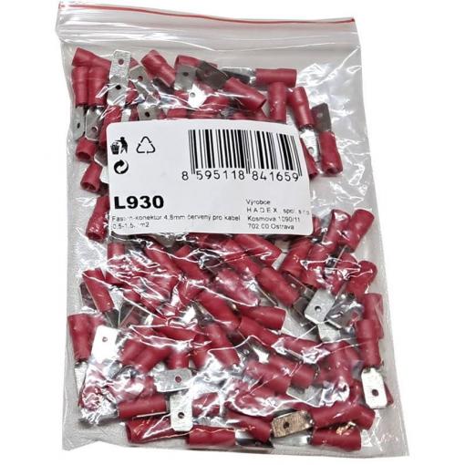 Faston-konektor 4,8mm červený pro kabel 0,5-1,5mm2, balení 100ks
