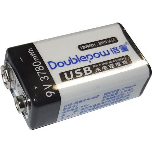 Nabíjecí baterie Li-ion 9V 420mAh 6F22, Doblepow, napájení USB-C