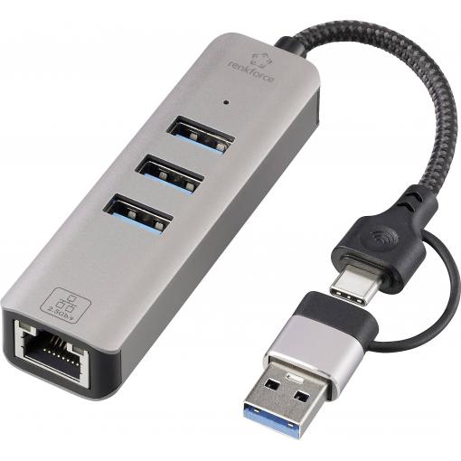 Renkforce RF-6856046 USB Hub 3 porty USB-A, RJ45 USB 3.2 Gen1 5 GBit/s s vestavěnou síťovou přípojkou šedá RF-EAWH-300