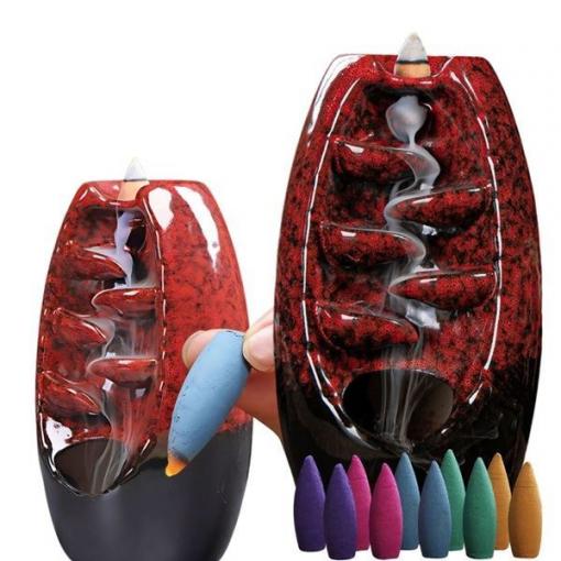 Keramický aromaterapeutický vodopádový kahan, 20 × 9 cm, červený + 10 vonných kuželů