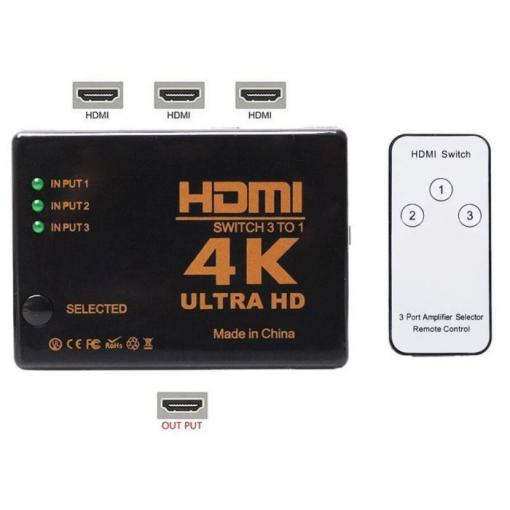 HDMI přepínač 3x HDMI 4K UH-301 s ovladačem, přijímač IR na kabelu