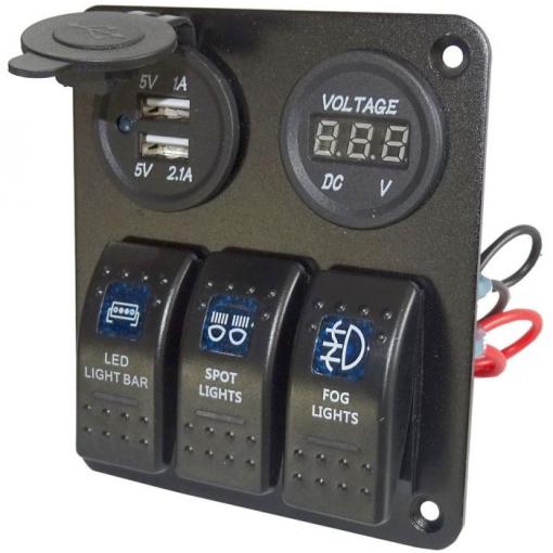 Ovládací panel PN-L3S2-1, 3× vypínač, USB, V-metr, 12–24 V DC