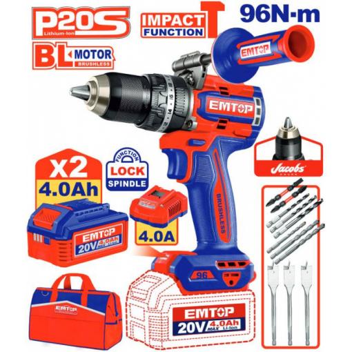 Aku vrtací šroubovák s příklepem 20V 96Nm 2x4.0Ah