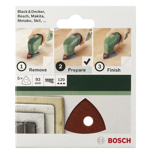Bosch Accessories 2609256A49 brusný papír pro delta brusky na suchý zip, s otvory Zrnitost 60 Rozměr přes roh 93 mm 5 ks