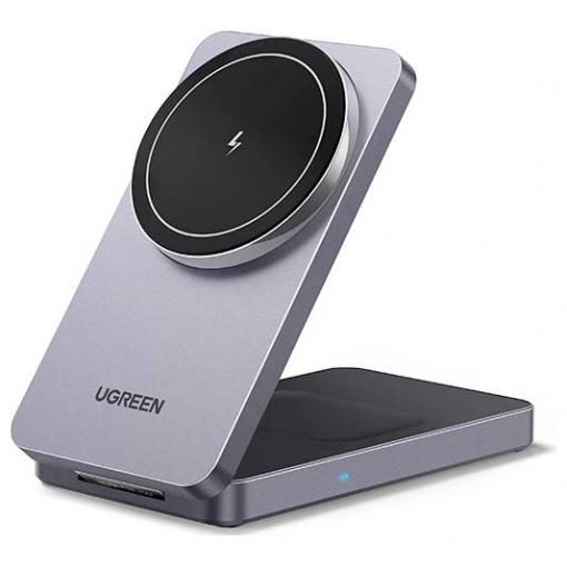 UGREEN W528 Magnetic Charger 2-in-1 bezdrátová nabíječka pro smartphony/tablety, bezdrátová nabíječka, Qi standard, 7.5 W, šedá