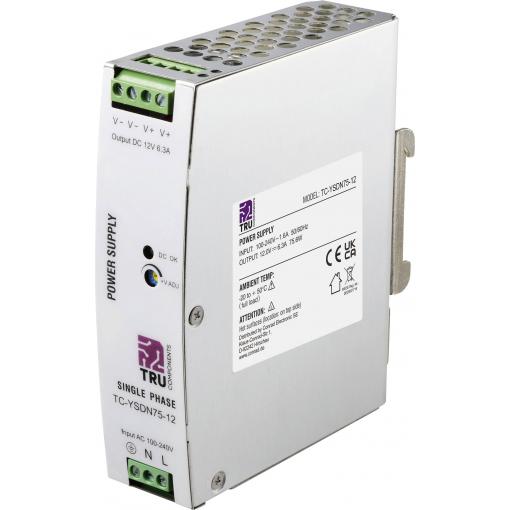 TRU COMPONENTS TC-13804588 síťový zdroj na DIN lištu 12 V/DC 6.3 A 75.6 W Počet výstupů:1 x Obsah 1 ks