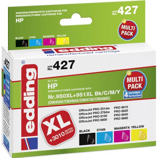 Edding Ink náhradní HP 950, 950XL, 951, 951XL kompatibilní kombinované balení černá, azurová, purppurová, žlutá 18-427