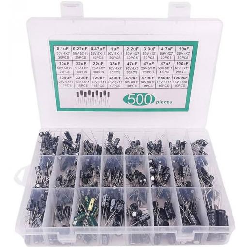 Sada elektrolytických kondenzátorů, 500 ks, 0,1–1000 µF, 10–50 V