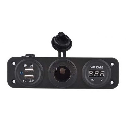 Vodotěsná zásuvka 12 V / 20 A + USB + voltmetr, zelené podsvícení