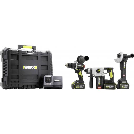 Worx Professional aku vrtací kladivo, aku úhlová bruska, aku příklepová vrtačka, 20 V, 5 Ah Li-Ion vč. 2x aku, vč. nabíječky, Vč. úložného boxu, WU928