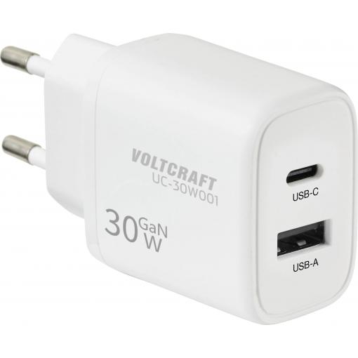 VOLTCRAFT UC-30W001 USB nabíječka, GaN, 1x USB A , 1x USB-C®, 30 W, Rychlé nabíjení, Power Delivery 3.0, bílá
