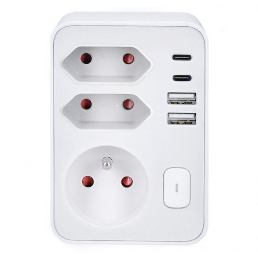Solight rozbočka 1x 16A + 2x 2,5A, 2xUSB A+C rychlonabíječka 20W PD, bílá, vypínač - P109PD20