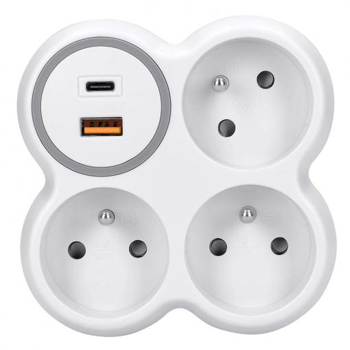 Solight rozbočka, 3x 16A, USB A+C rychlonabíječka 20W PD, bílá-šedá - P106C-PD20