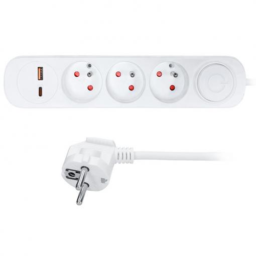 Solight prodlužovací přívod 3 zásuvky, USB A+C 20W PD, 2m, 3 x 1mm2, bílý, vypínač - PP111PD20