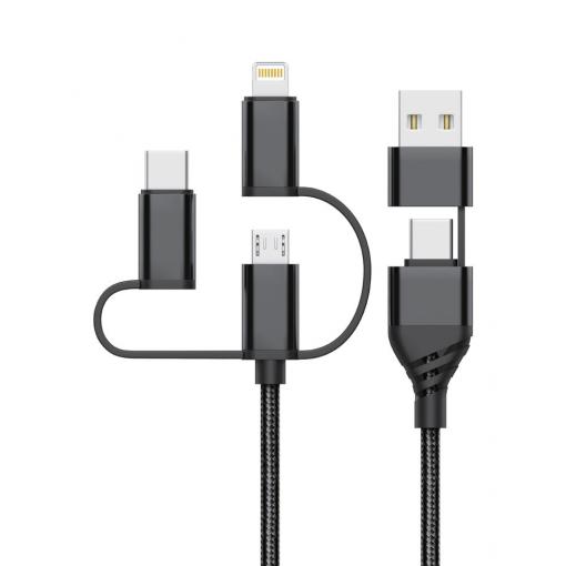 Nabíjecí a datový kabel TECHNIK USB-A+C/USB-C+microUSB+Lightning 1,2m,3A, černý