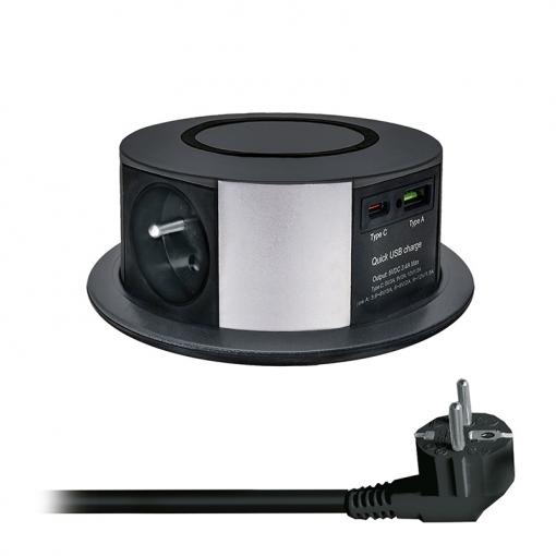 Solight 3z + USB A+C 20W PD, Wireless 10W, výsuvný blok zásuvek, 2m,  černý - PP120CW-PD20-B